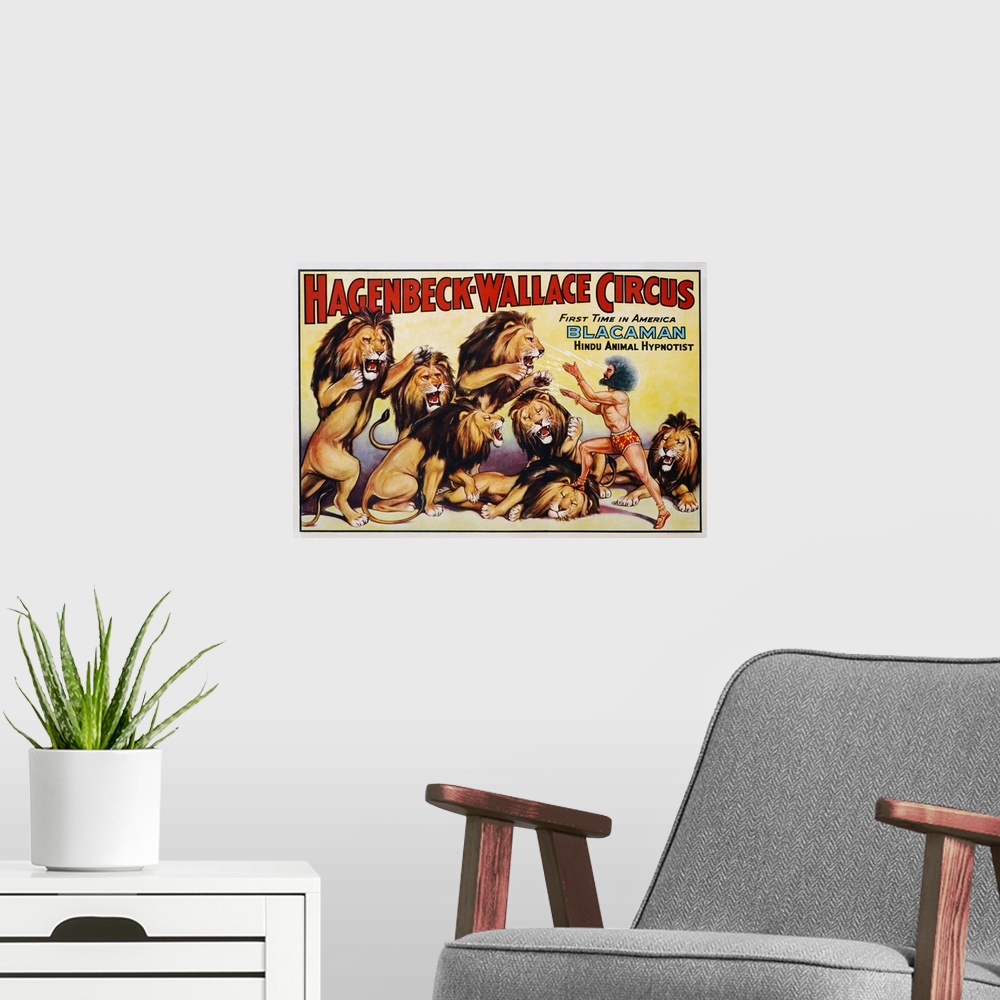 A modern room featuring Hagenbeck-Wallace Circus Poster with Hindu Animal Hypnotist