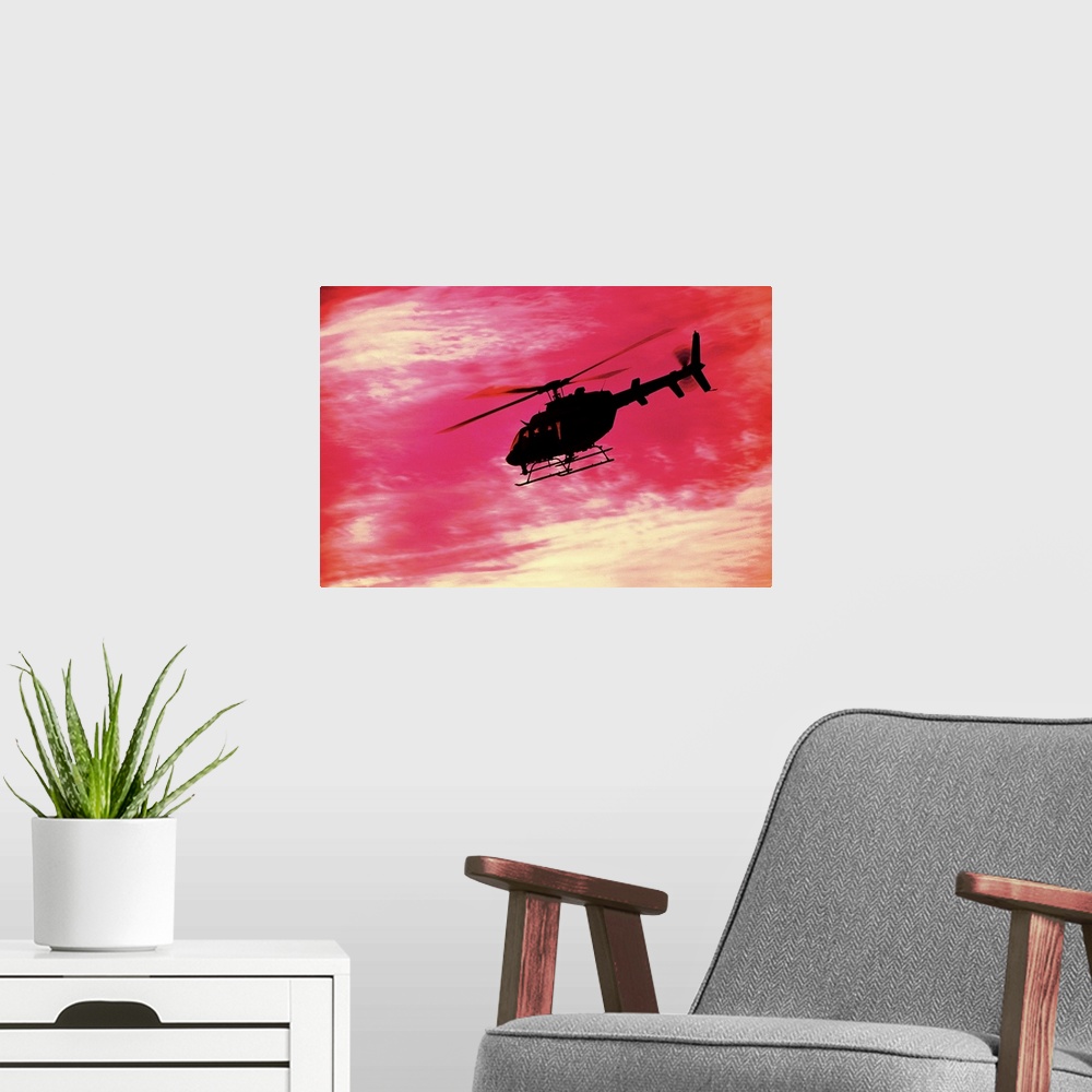 A modern room featuring Helicopter flying