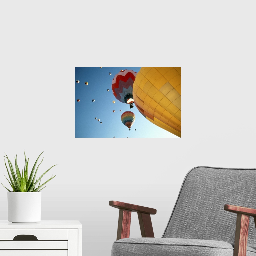 A modern room featuring Hot air balloons floating in sky
