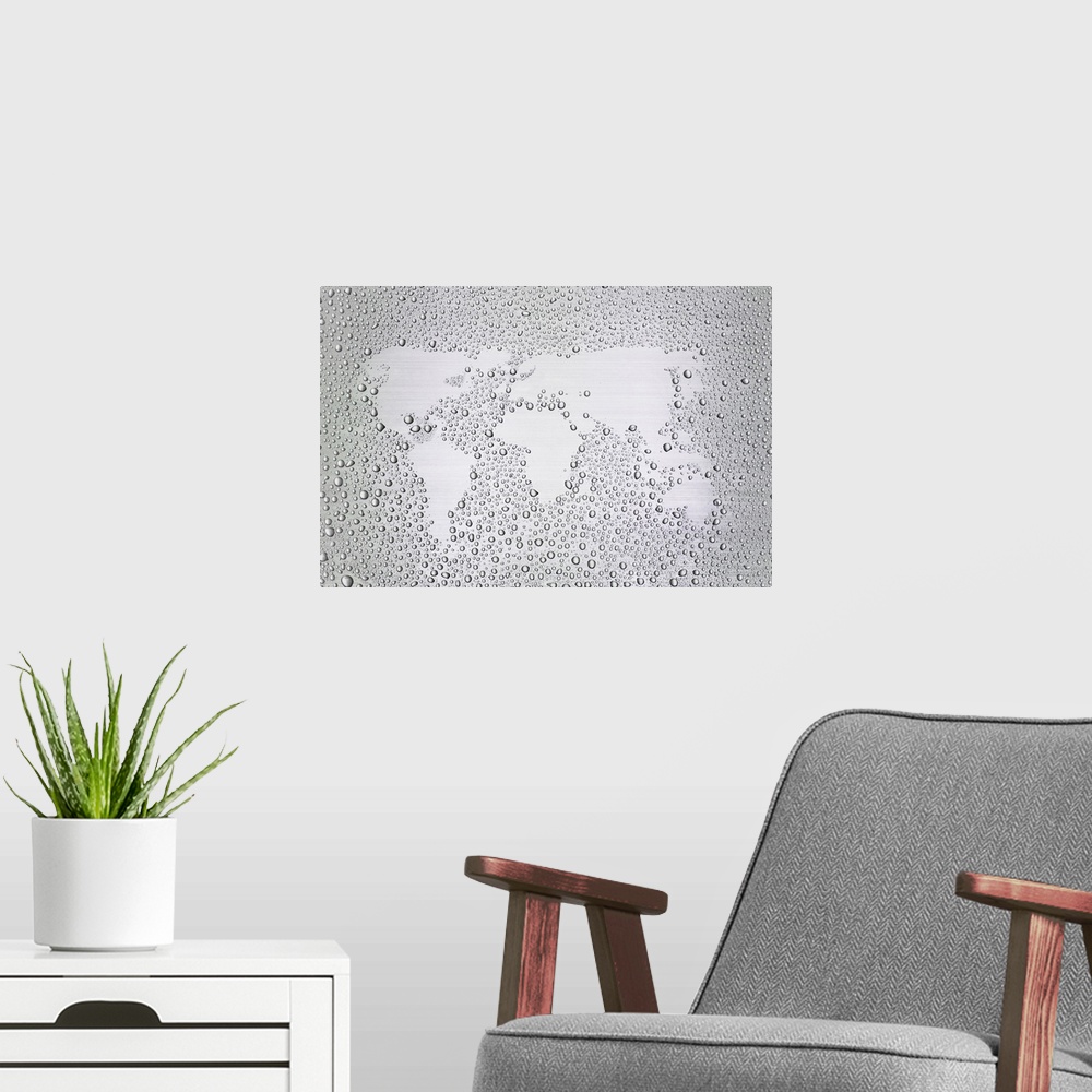 A modern room featuring Image of world map made of condensation
