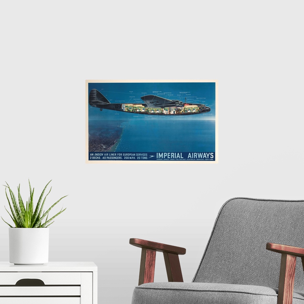 A modern room featuring Imperial Airways Ensign Air Liner, 200 MPH flying over coastline at dusk.
