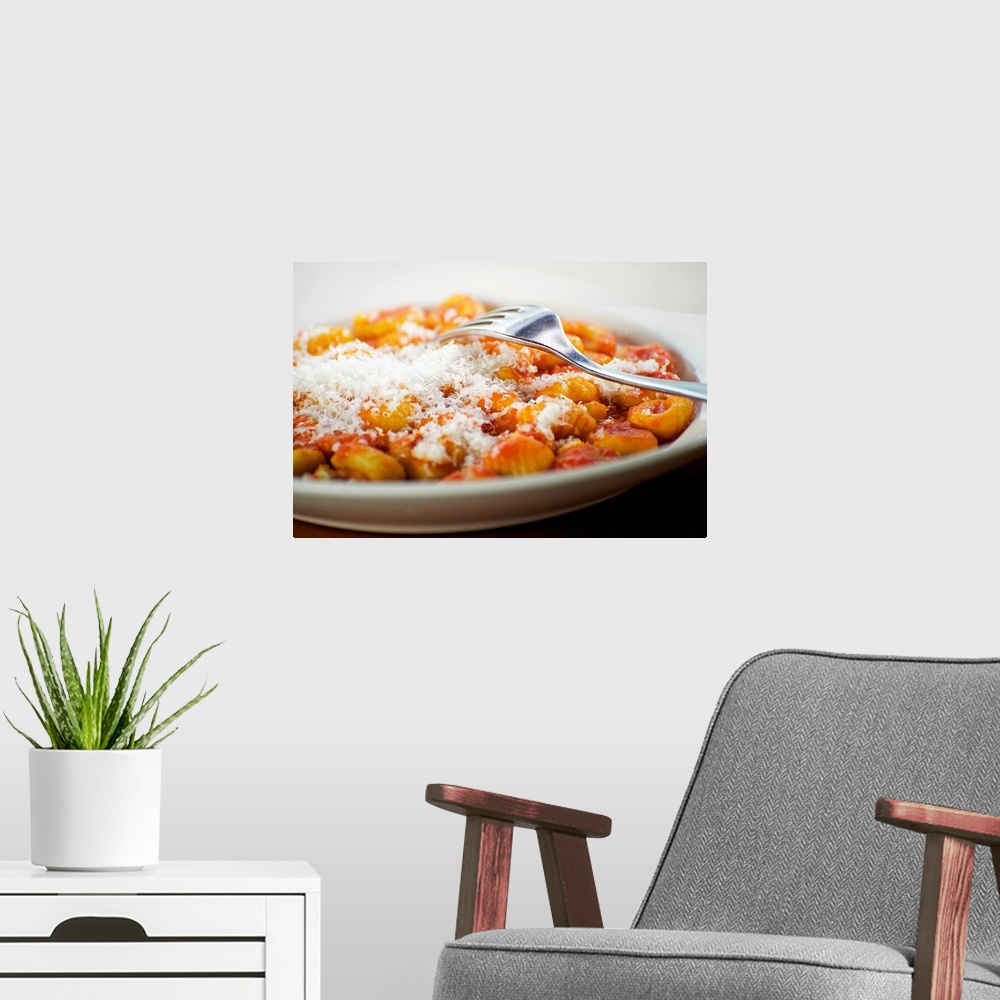 A modern room featuring Italian gnocchi with parmesan cheese and tomato sauce