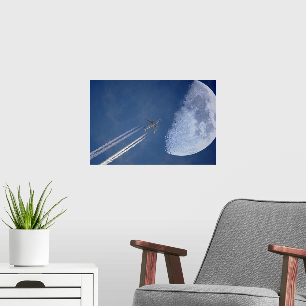 A modern room featuring Jet in evening sky and moon, Germany.