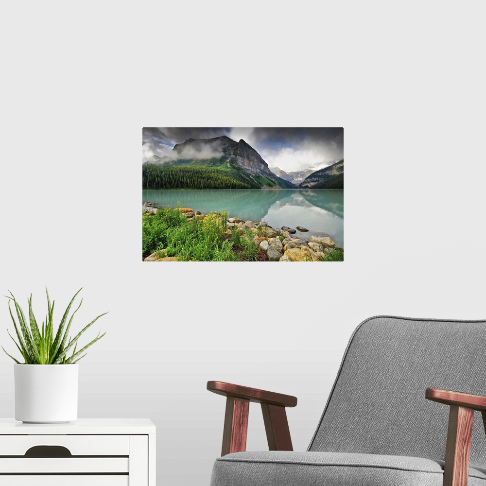 A modern room featuring Lake Louise in Banff National Park, in Alberta Canada.