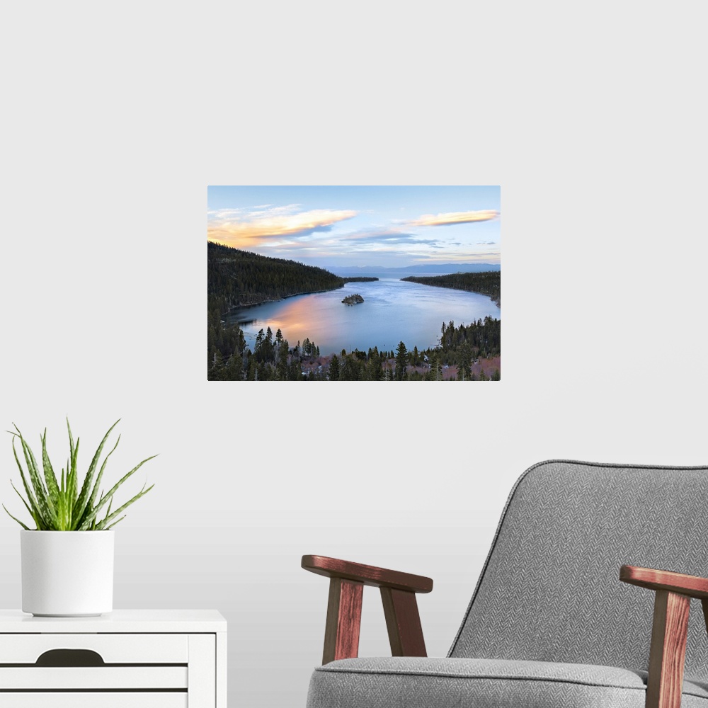 A modern room featuring Emerald bay in lake Tahoe glows with reflection of springtime sunset.