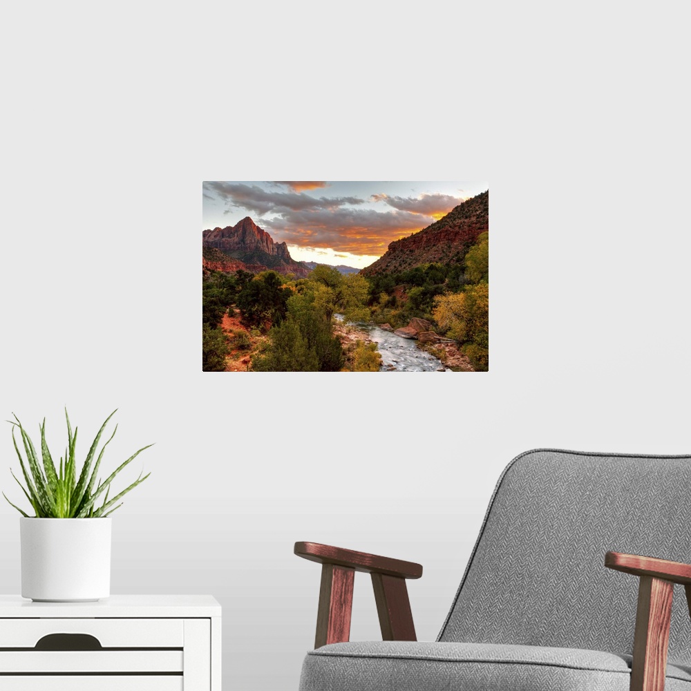 A modern room featuring Virgin River - Watchman Mountain in Zion National Park, Utah.