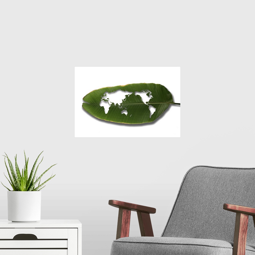 A modern room featuring Leaf world map