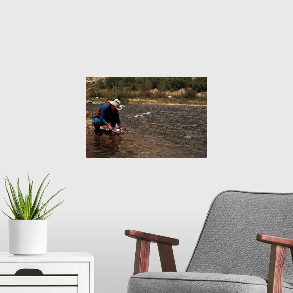 A modern room featuring Man Panning For Gold On The South Platte River