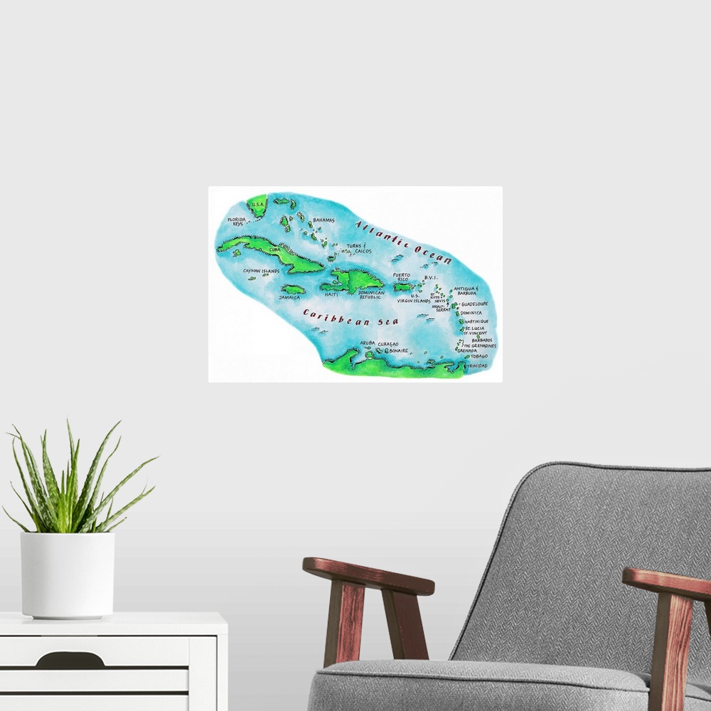 A modern room featuring Map of Caribbean Islands