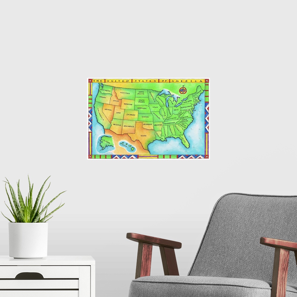 A modern room featuring Map of the USA