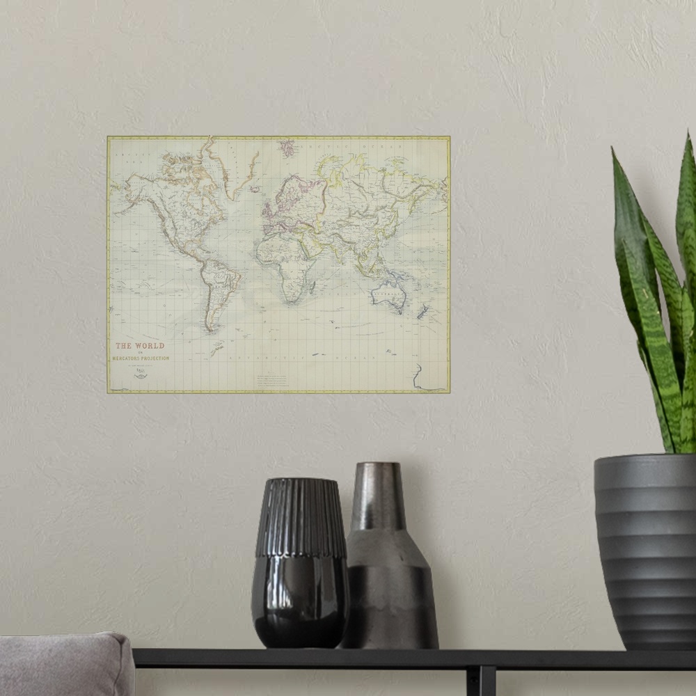 A modern room featuring Big horizontal wall hanging of a detailed map of the world on a light, neutral background.