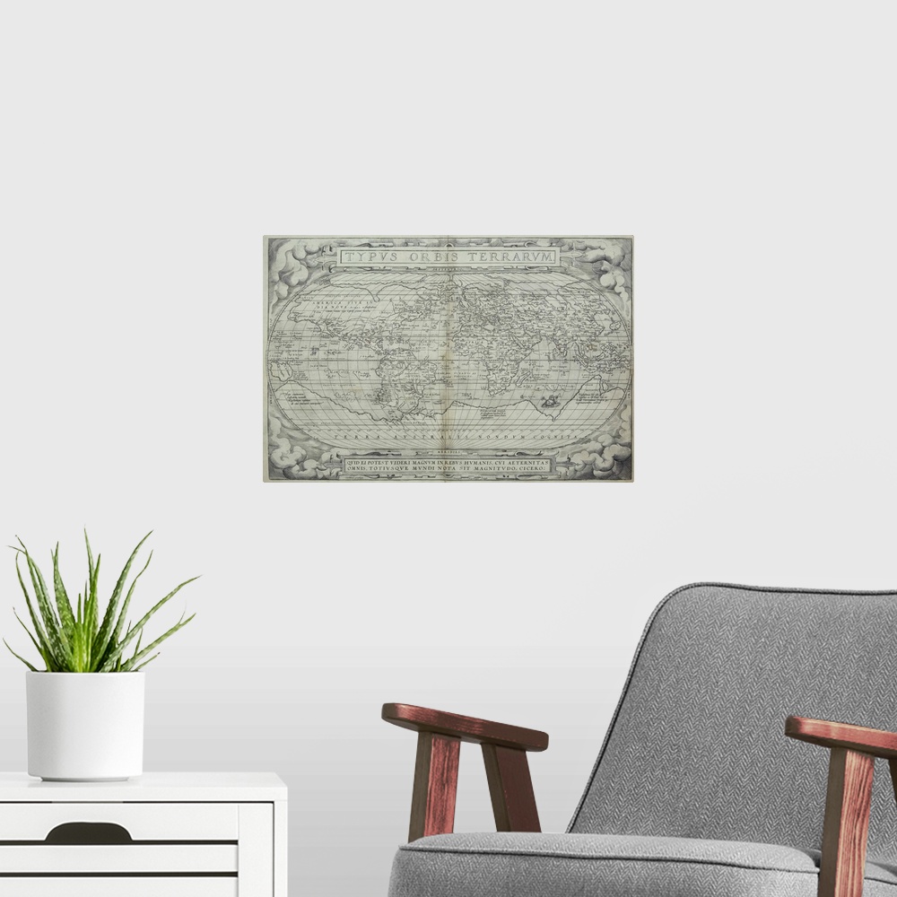 A modern room featuring This large piece is an antique black and white map of earth.
