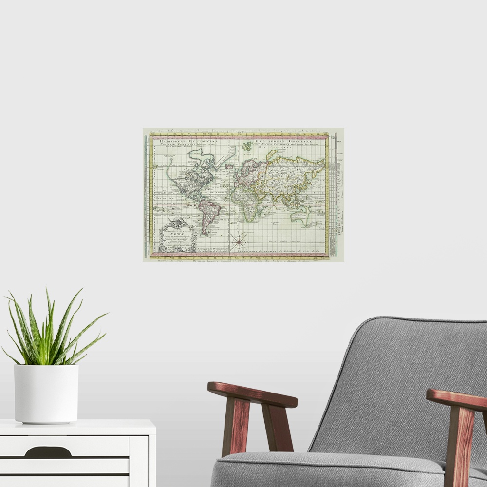 A modern room featuring An antique map of the world when the United States was being discovered. A grid is overlaid onto ...