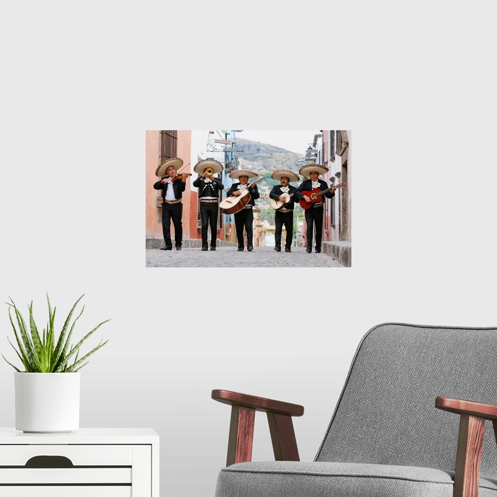 A modern room featuring Mariachi band walking in street
