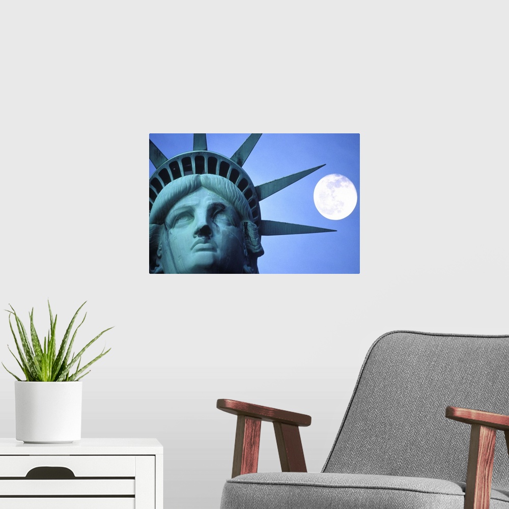 A modern room featuring Moon above a statue, Statue Of Liberty, New York City, New York State, USA