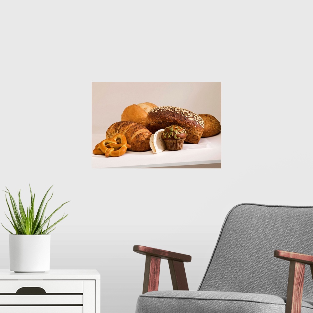 A modern room featuring Muffins and dinner rolls
