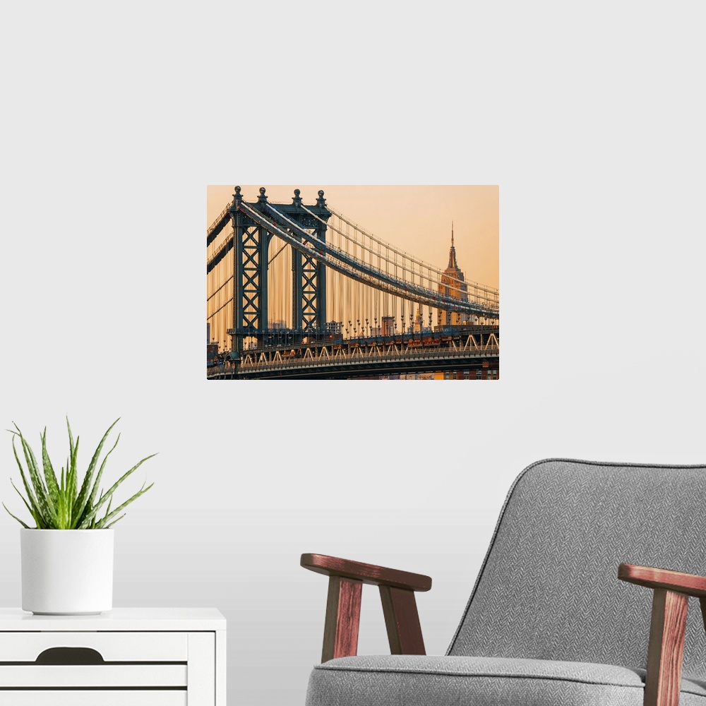 A modern room featuring USA, New York City, Manhattan Bridge with Empire State Building