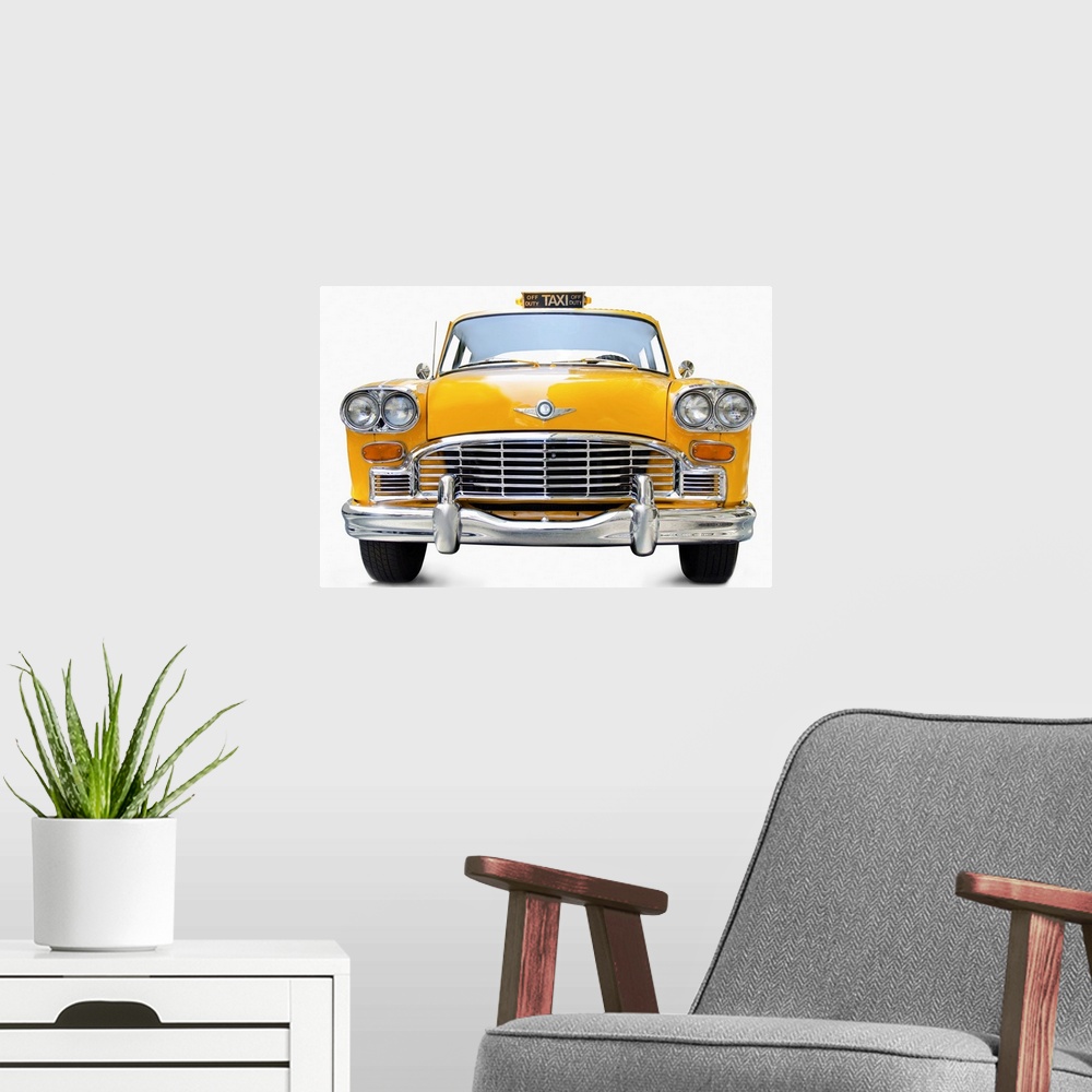 A modern room featuring New York taxi antique taxi