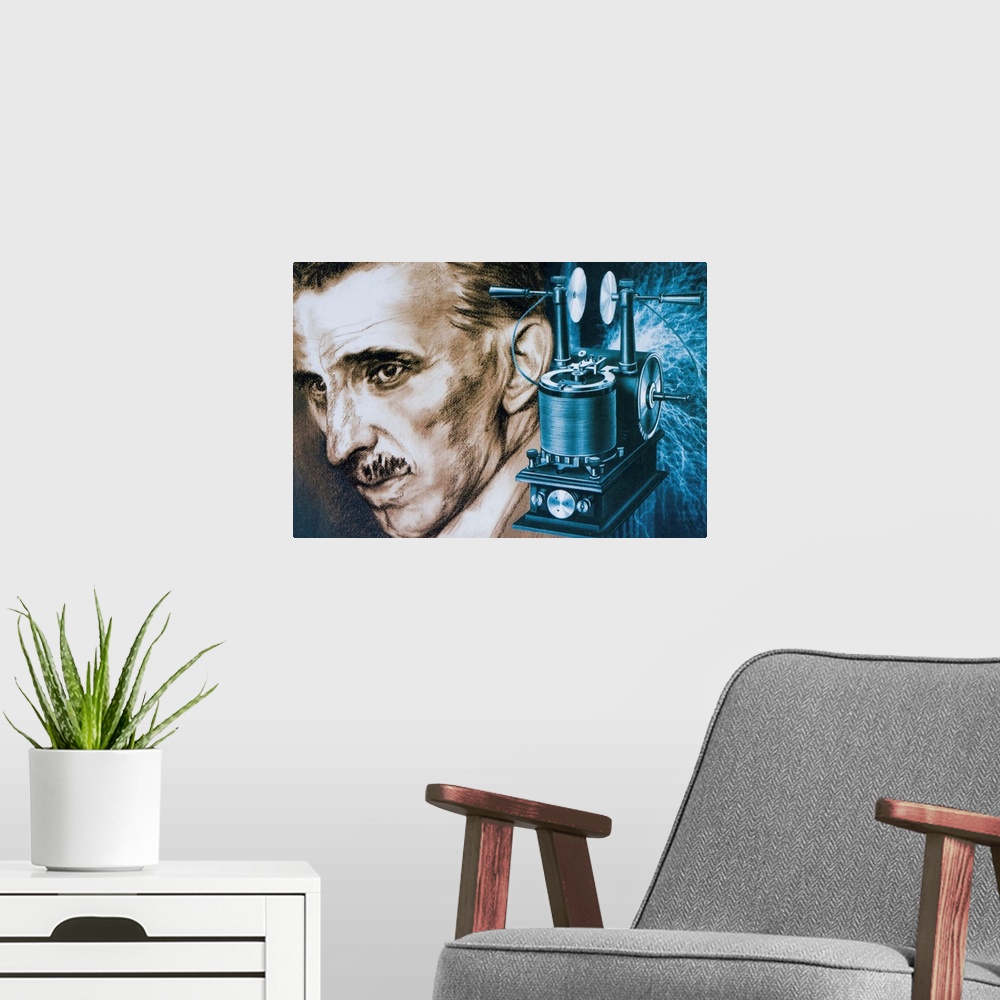 A modern room featuring Nikola Tesla shown with an early tesla coil generating a strong electric field. Tesla is known fo...