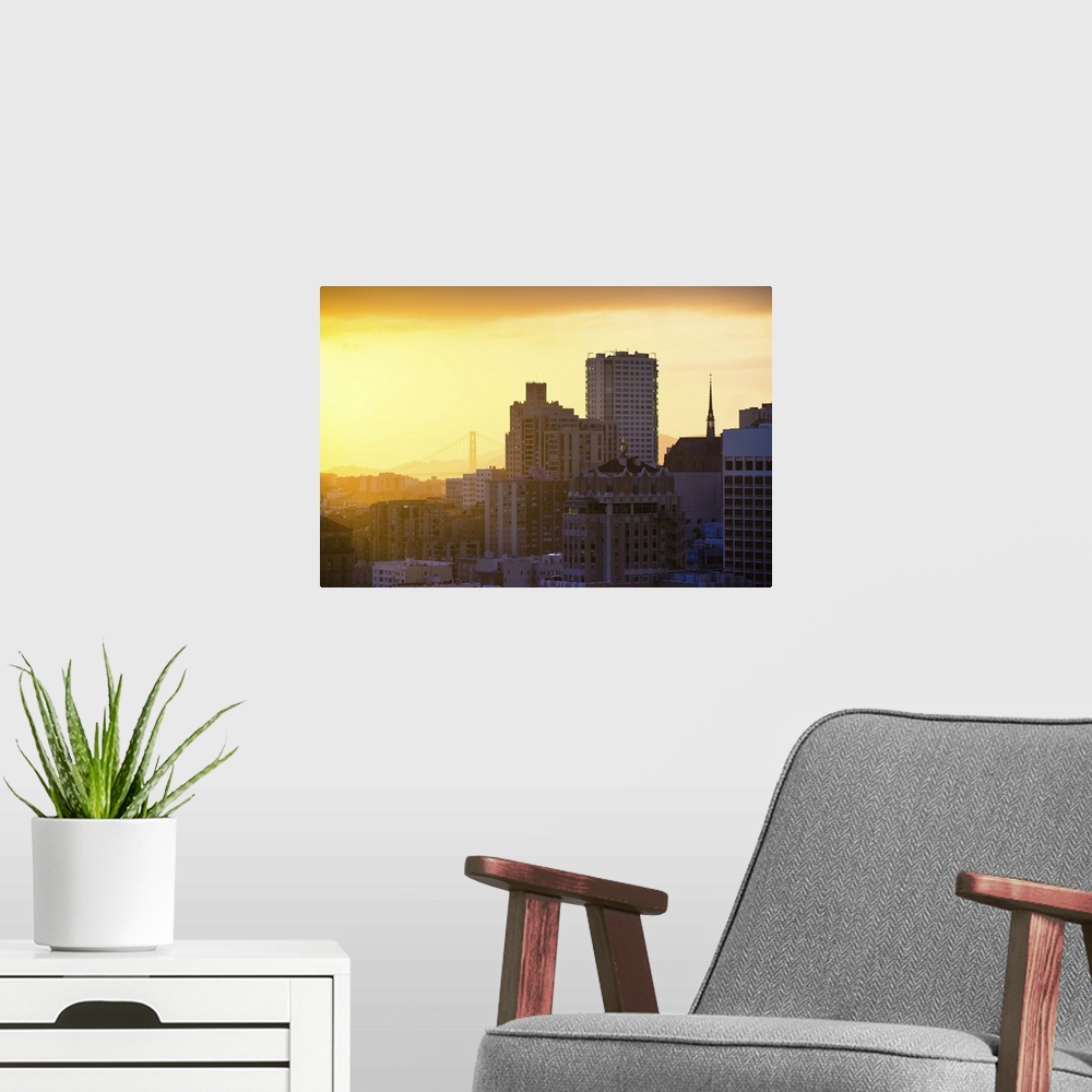 A modern room featuring Nob Hill and Downtown San Francisco with the Golden Gate Bridge in the background as seen from th...