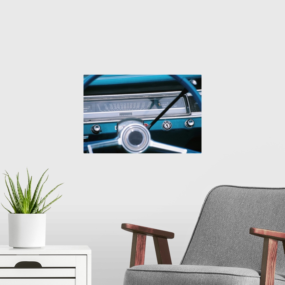 A modern room featuring Old fashioned steering wheel