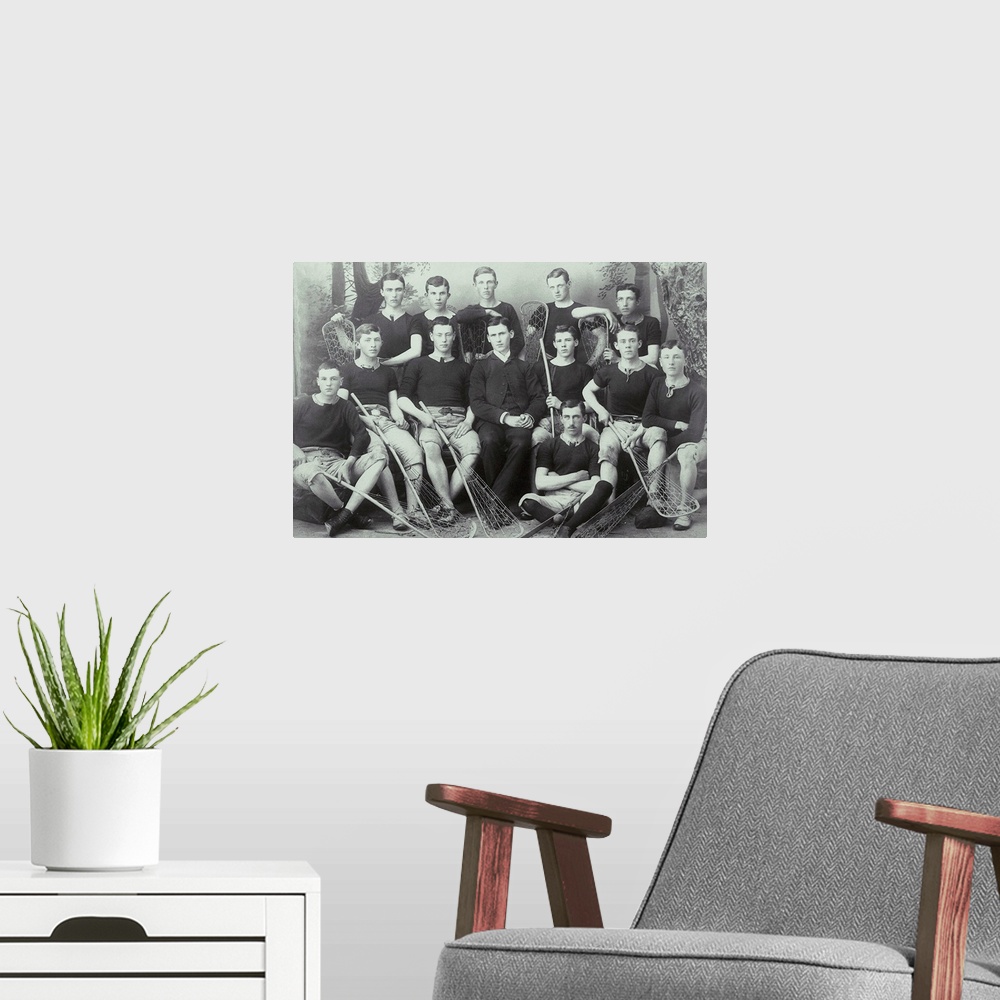 A modern room featuring Old photo of lacrosse team