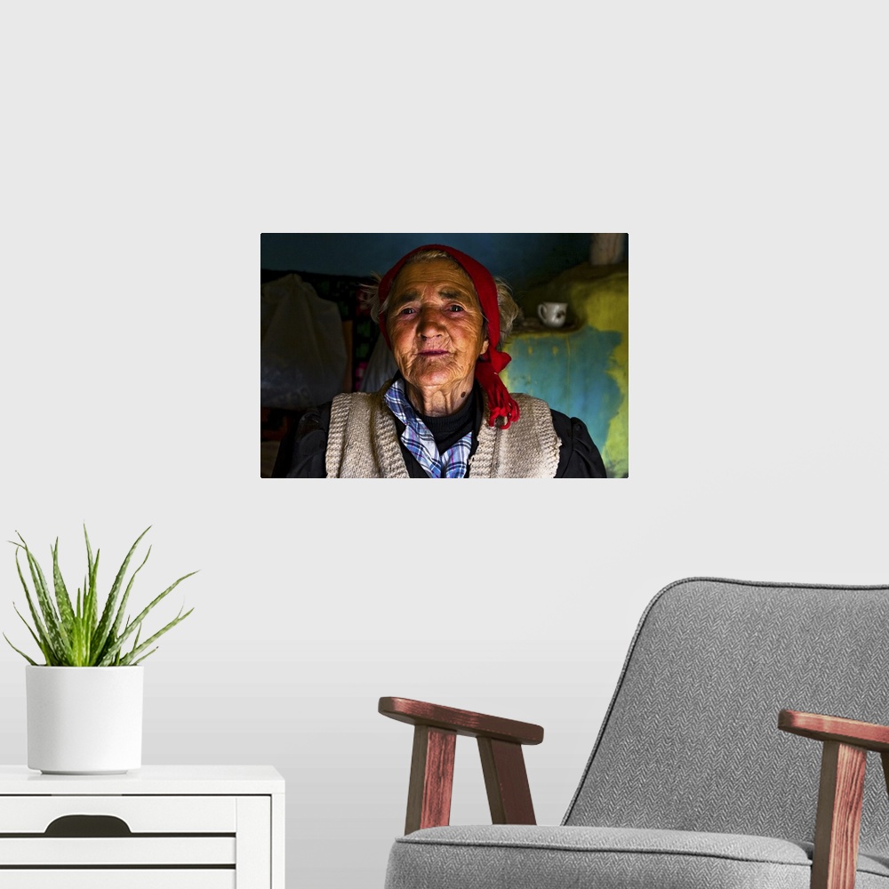 A modern room featuring Old woman in rustic house
