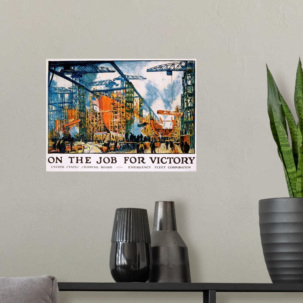 A modern room featuring On The Job For Victory Poster By Jonas Lie