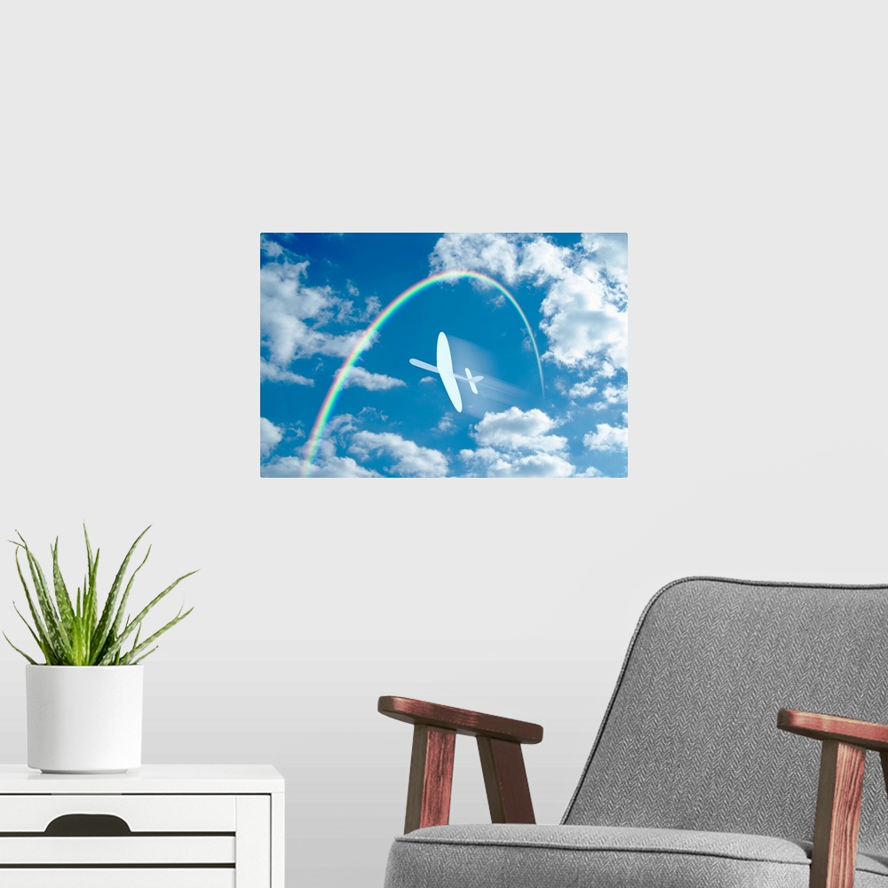 A modern room featuring Paper airplane flying through a blue sky and clouds towards a rainbow