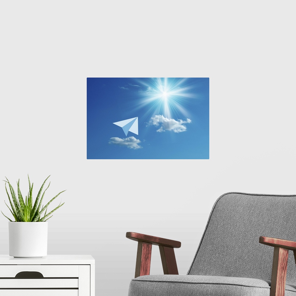 A modern room featuring Paper airplane flying towards the sun
