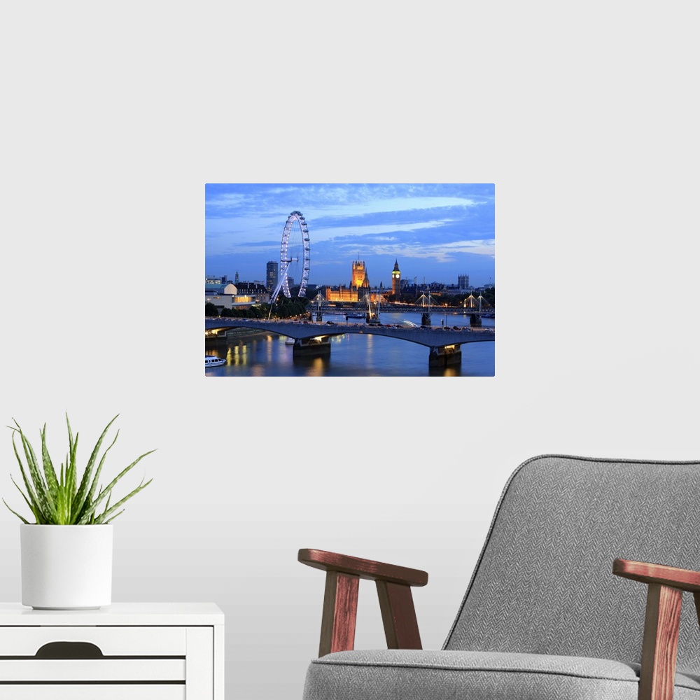 A modern room featuring Houses of Parliament and the London Eye along the River Thames, London.