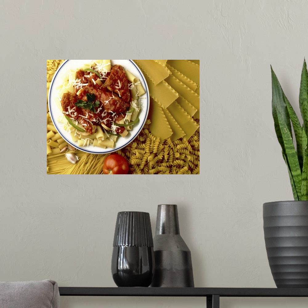A modern room featuring Pasta plate on bed of dry pasta
