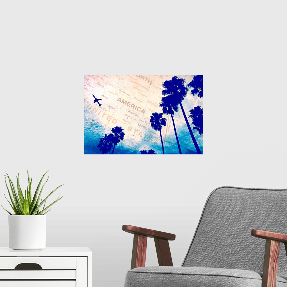 A modern room featuring Plane in sky with map