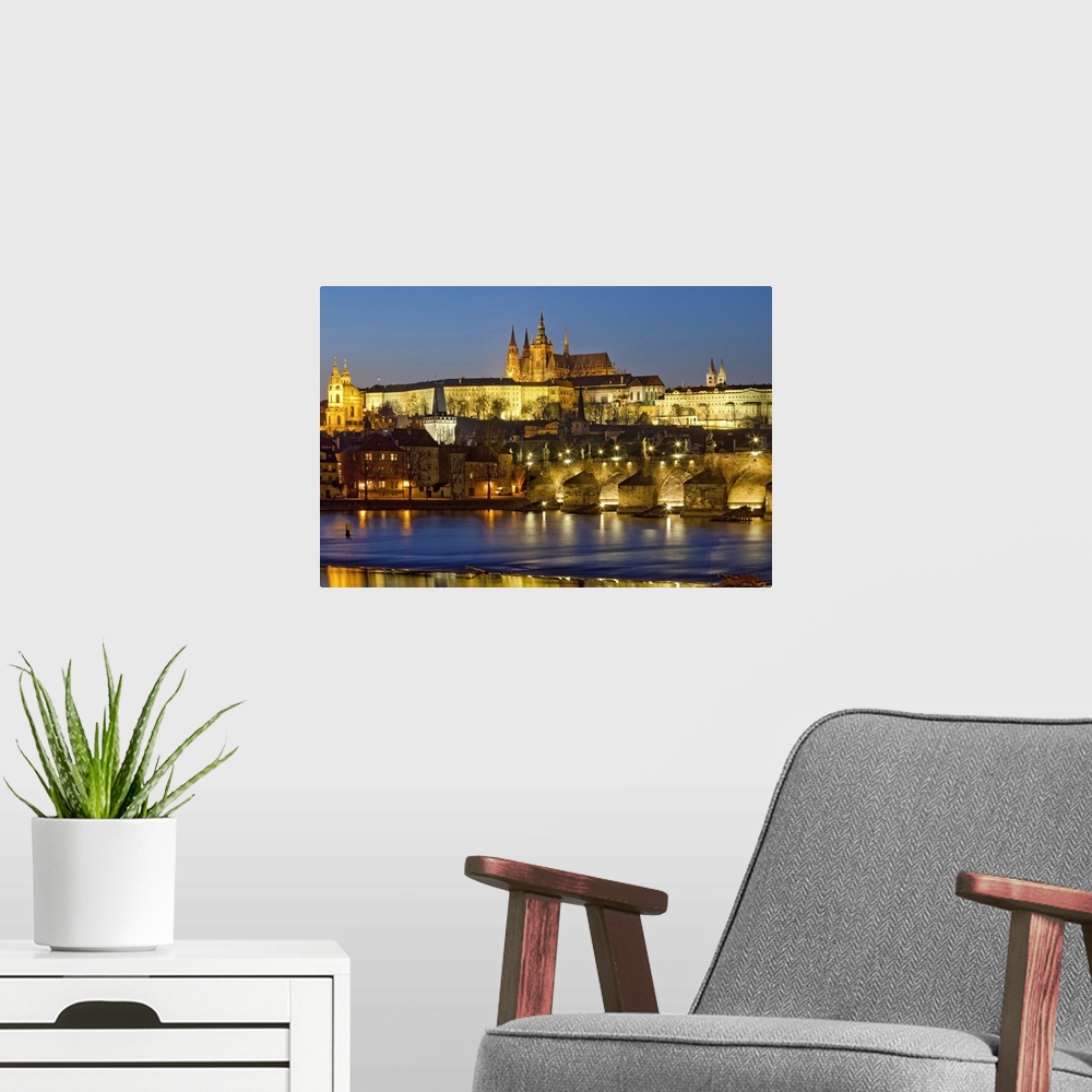 A modern room featuring Prague - Charles Bridge, Hradcany Castle, St. Vitus Cathedral at dusk.