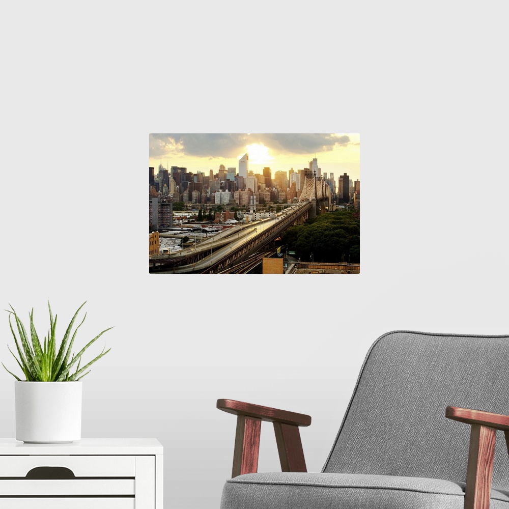 A modern room featuring Queensboro Bridge Queens, New York. Midtown manahttan skyline.