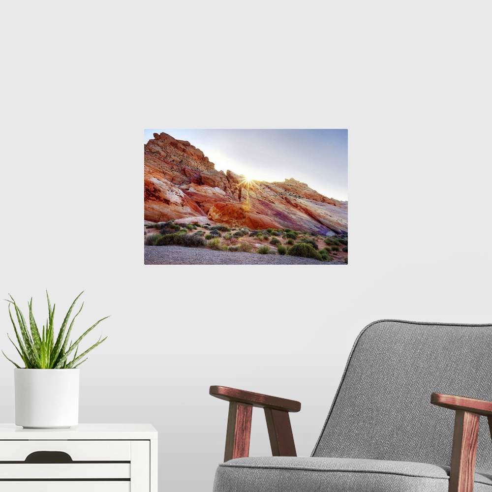 A modern room featuring Rainbow colored rocks at sunset in Valley of Fire, Nevada, USA.