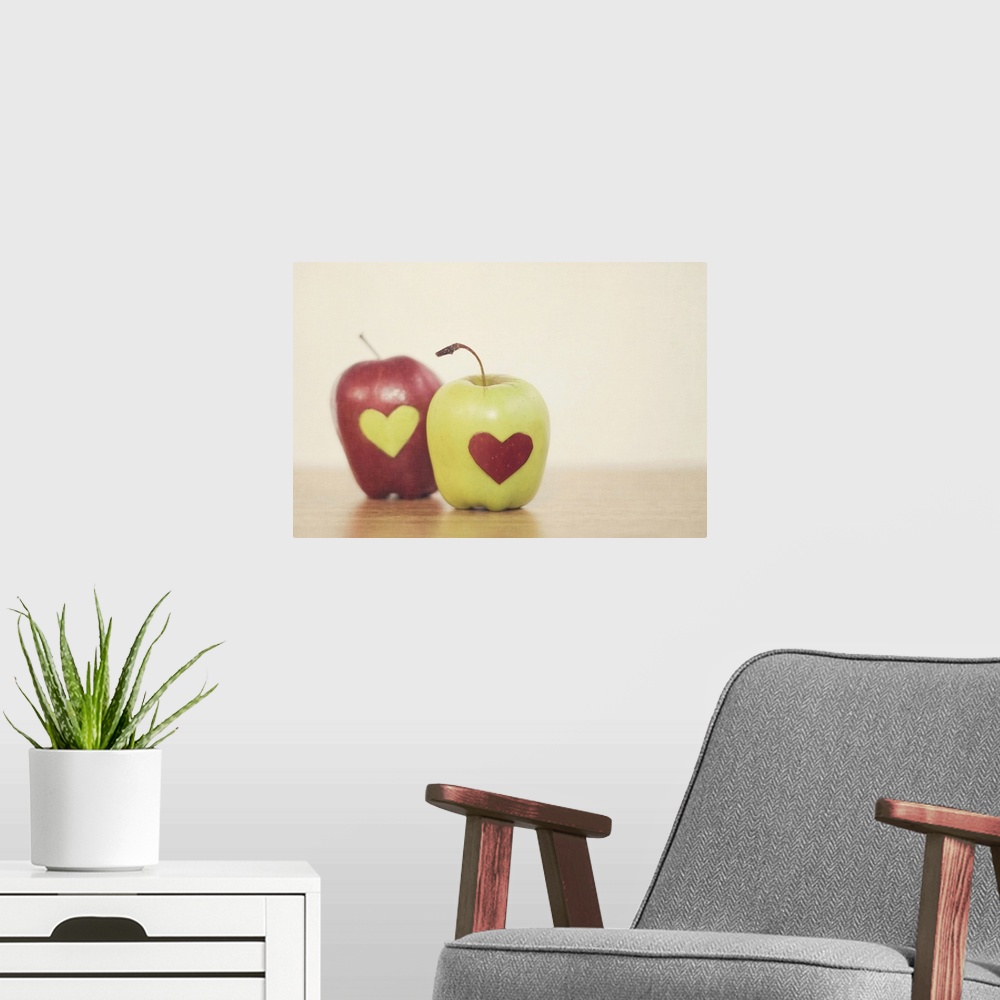 A modern room featuring Red and green apple with heart shape.