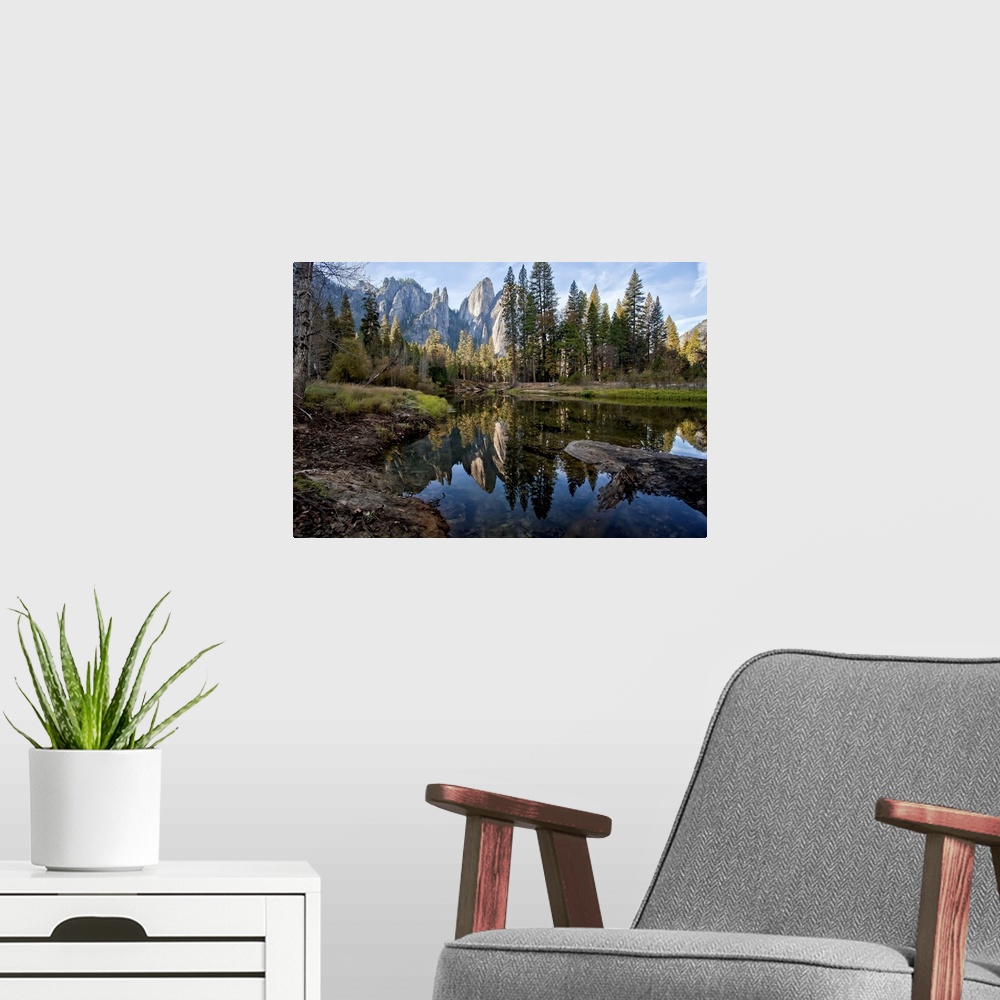 A modern room featuring Reflections of Cathedral Peaks along Merced River in Yosemite National Park.