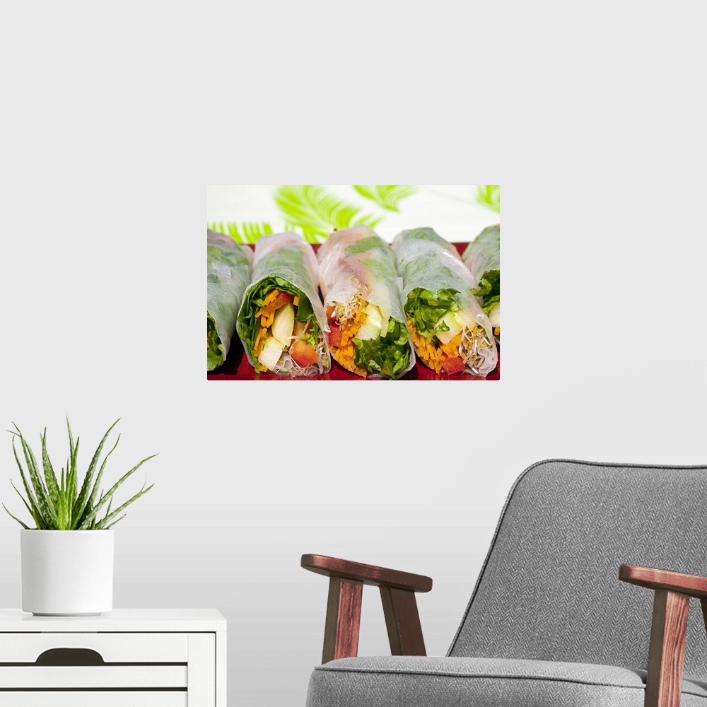 A modern room featuring Rice paper rolls with vegetable filling, close-up