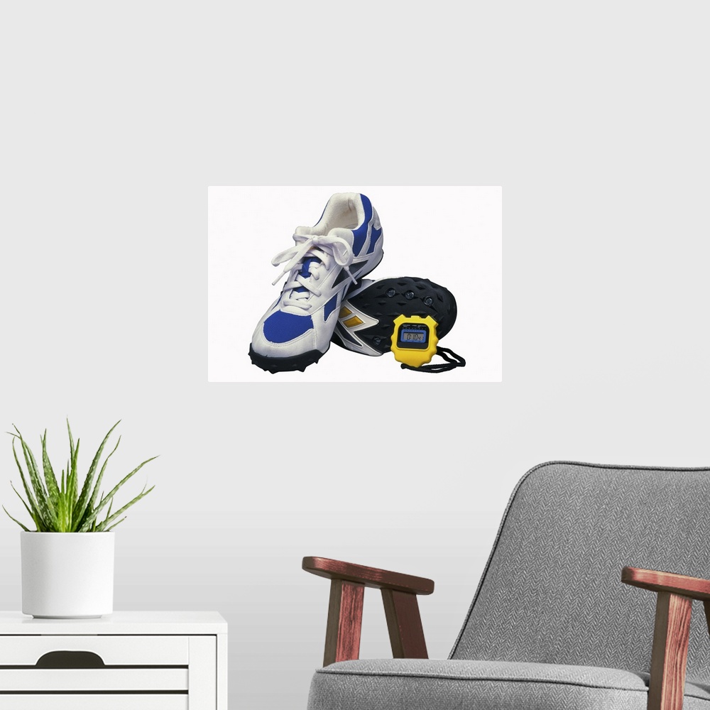 A modern room featuring Running shoes and stopwatch