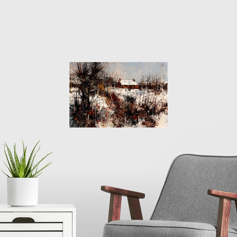 A modern room featuring Oil painting of a rural landscape in winter.