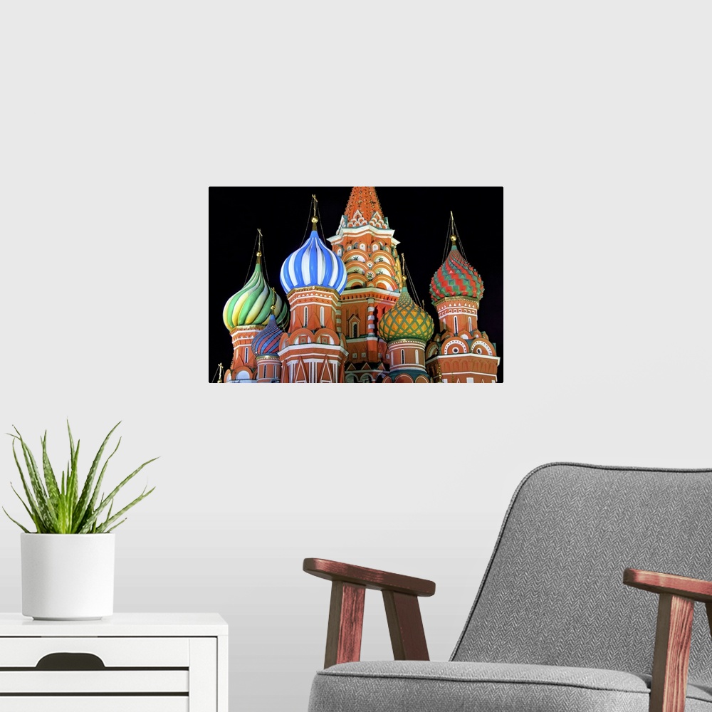 A modern room featuring Saint Basils cathedral on red square, Moscow.