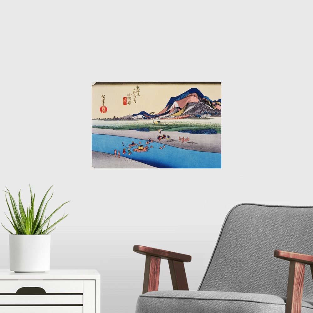 A modern room featuring Scenery of Odawara in Edo Period, Painting, Woodcut, Japanese Wood Block Print, High Angle View