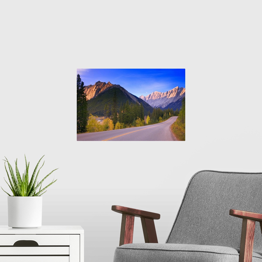A modern room featuring Scenic mountain road