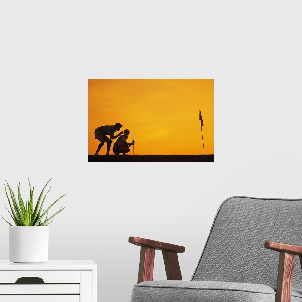 A modern room featuring Silhouette of people playing golf