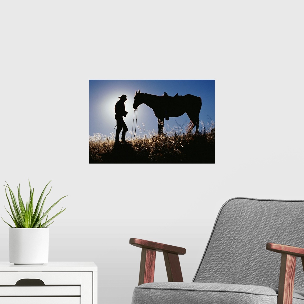 A modern room featuring Silhouettes Of Cowboy And Horse