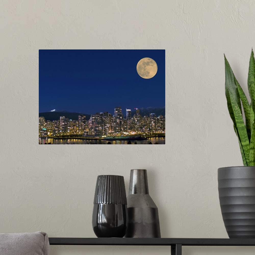 A modern room featuring Skyline at night, Vancouver, Canada.