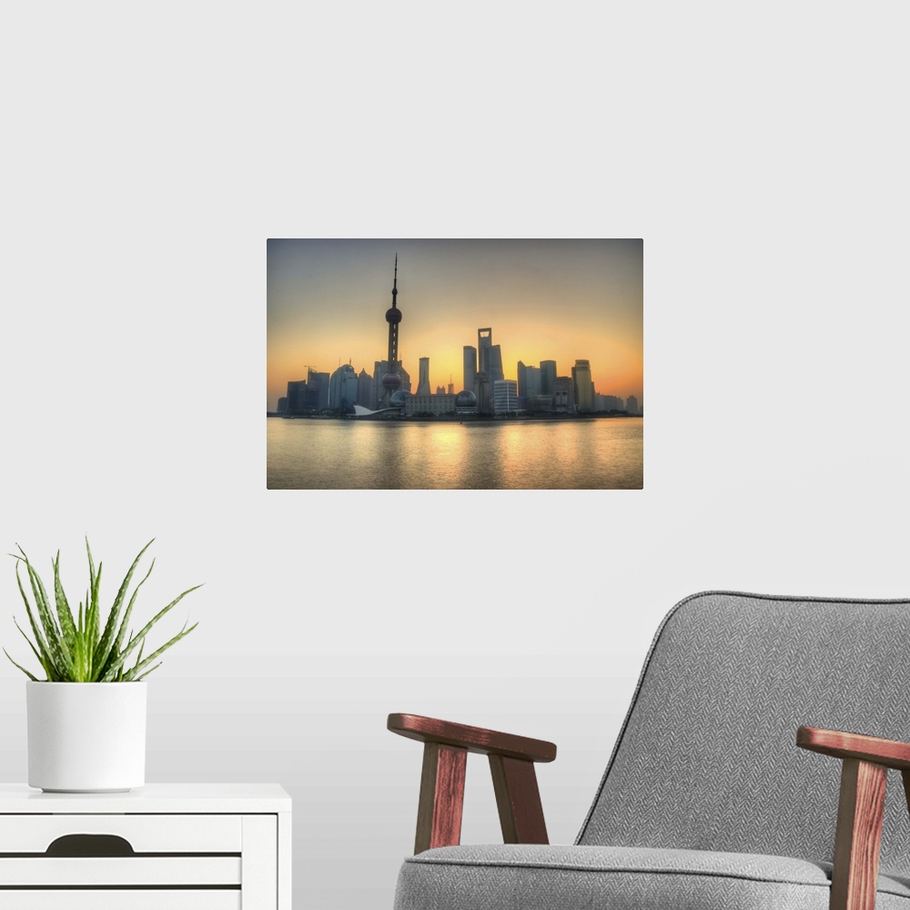 A modern room featuring Skyline in Shanghai and Bund, which is across Huangpu River from Pudong.