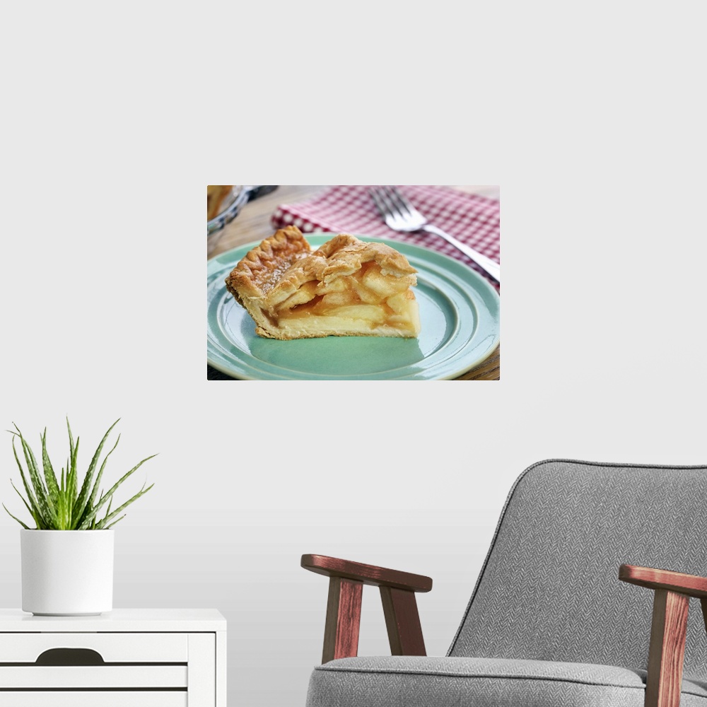 A modern room featuring Slice of fresh baked apple pie on plate