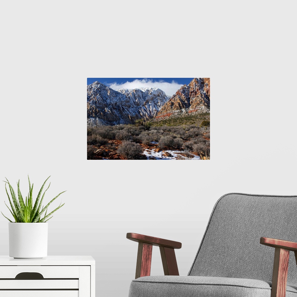 A modern room featuring Snow-capped mountains at Red Rock canyon near Las Vegas, NV.